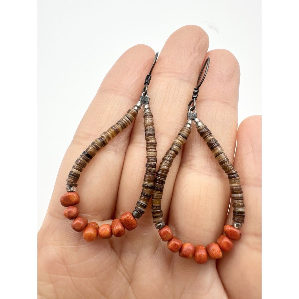 Navajo Sterling Silver 925 Coral Heishi Shell Beaded Loop Earrings